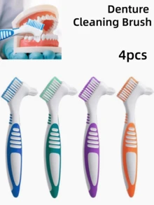 4pcs Denture Cleaning Brushes, Ergonomic Anti-Slip Rubber Handle Dual-Head Antibacterial Oral Care - Multicolor - View 1