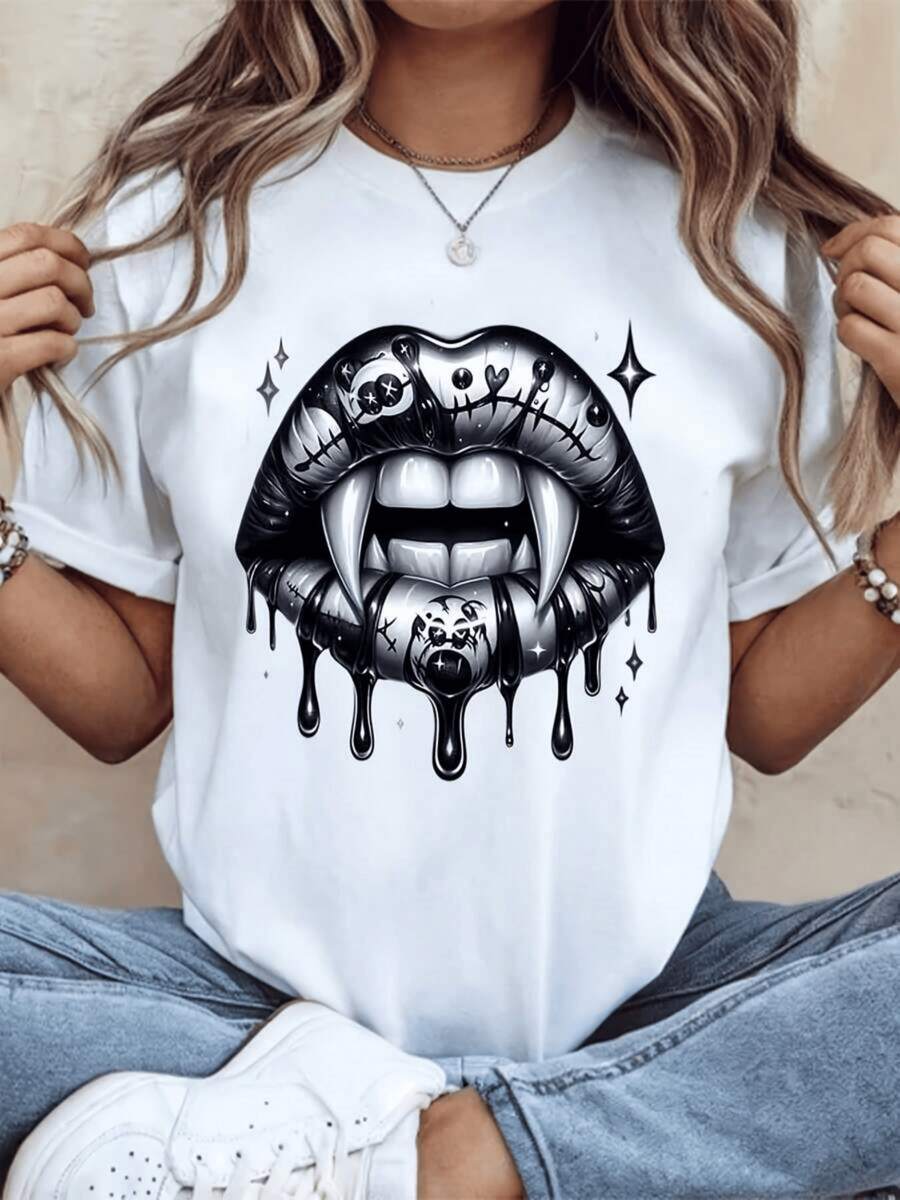 Camiseta de mujer con cuello redondo labios vampiro góticos diseño casual 100% algodón 220 gramos estilo urbano con estampado digital 1 unidad de alta calidad para uso diario y fiestas temáticas - Blanco - Ver 1