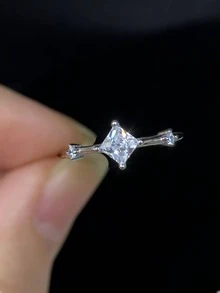 1pc S925 Sterling Silver Geometric Square Synthetic Cubic Zirconia Engagement/Proposal Ring, Suitable For Women's Daily Wear, Holidays And Anniversaries - Silver - View 1