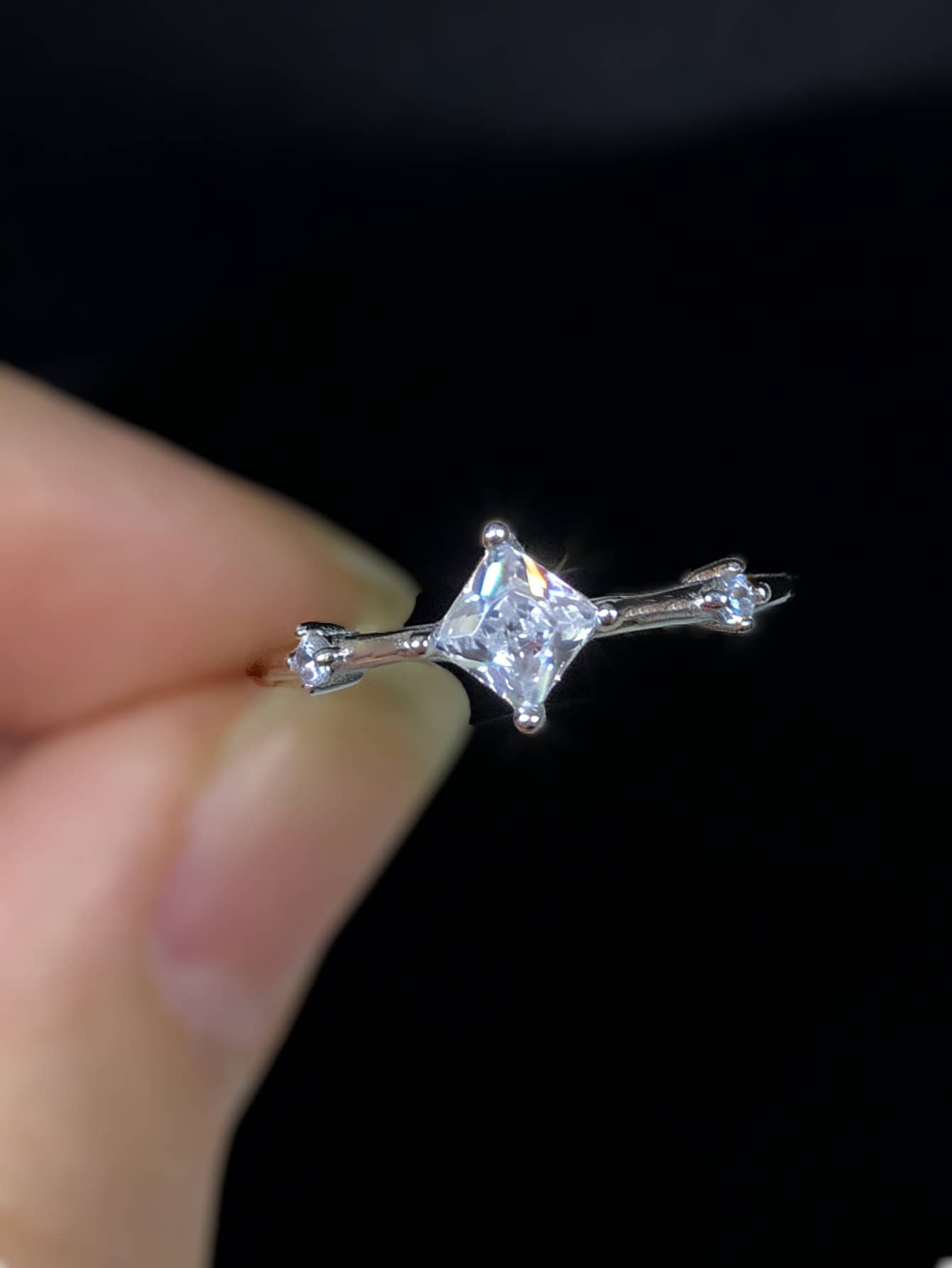 1pc S925 Sterling Silver Geometric Square Synthetic Cubic Zirconia Engagement/Proposal Ring, Suitable For Women's Daily Wear, Holidays And Anniversaries - Silver - View 1