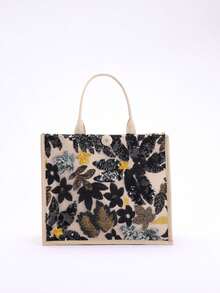 1 chiếc túi tote vải lanh phối lưới đính sequin nhiều màu sắc, thiết kế thêu hoa lá thời trang, túi đeo vai vuông dung tích lớn, túi mua sắm đi biển thường ngày (Họa tiết hoa được phân bố ngẫu nhiên) - màu đen - Xem 4