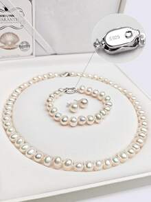 4pcs Pearl Beaded Jewelry Set, Fashionable Minimalist 925 Silver Ingot Clasp 8mm, 10mm Pearl Necklace, Bracelet, Earrings, Lightweight Luxury Versatile Jewelry Set, Suitable For Girls/Women, Mother's Day/Valentine's Day Gift (Pearl Quantity Random), Comes In Small Black Gift Box - Silver - View 8