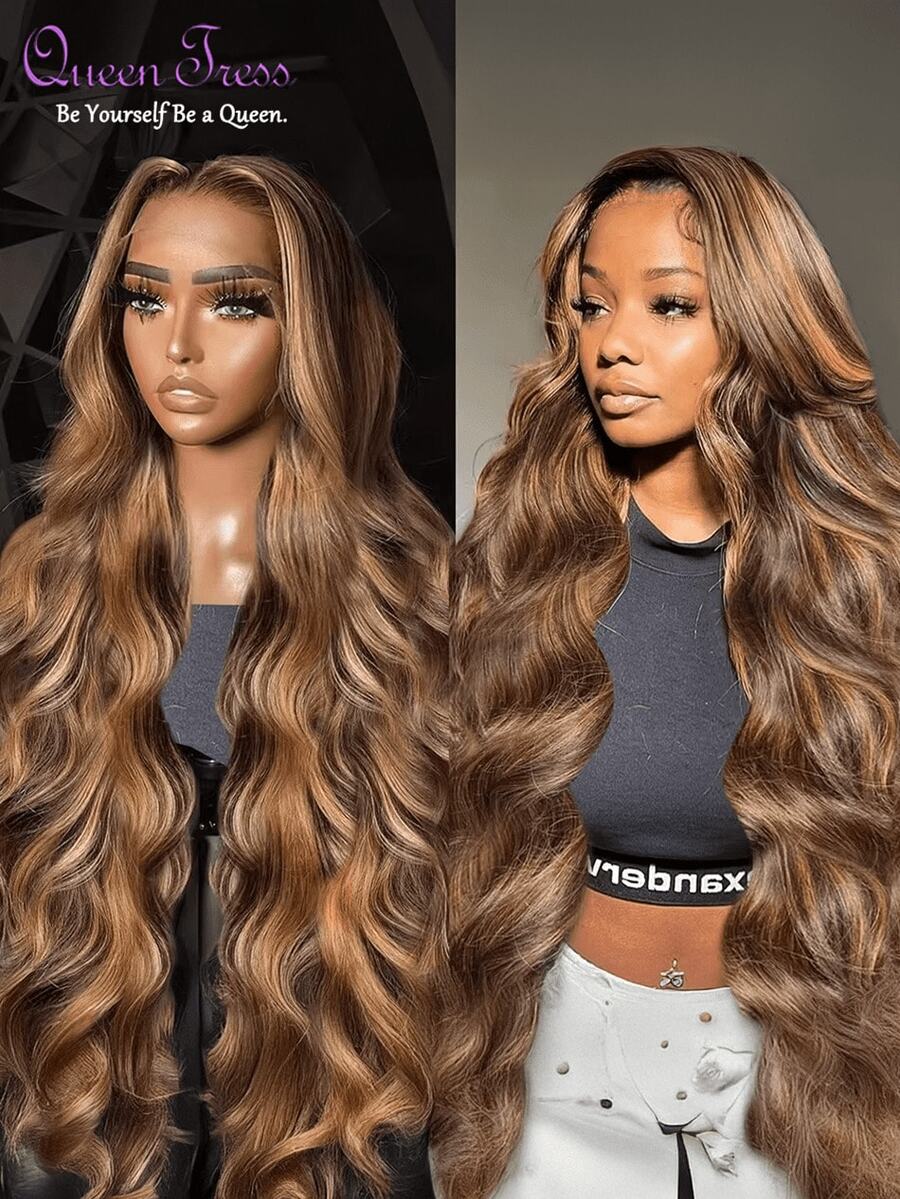 CEXXY 96.5 Cm Long, Honey Blonde Ombré Lace Front Wig Made Of 100% Human Hair. Large 13x4 Lace Front, Highlights, Body Wave, Pre-Cut Baby Hairs, 4/27 HD Transparent Lace, 200% Extra Full Volume, Colorful, Heat Resistant. - S4/27 - Xem 1
