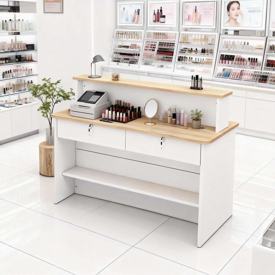 Mostrador De Recepción Escritorio 120cm Moderno Con Cajones Con Cerradura - Blanco - Ver 1