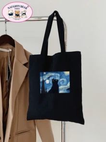 1 件黑色时尚猫和星空印花女士帆布手提包，便携式购物袋，适合旅行，轻便，便携，容量大，适合少女、女大学生，非常适合返校、大学、初中、高中 - 黑色 - 查看 2