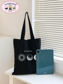 Bolso tote minimalista con patrón geométrico de lona compras - Negro - Ver 6