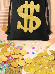 1pc Black Gold Foil 27*35cm Canvas Bag With Dollar Sign, Drawstring Coin Purse, Small Tote Bag With Dollar Print, Drawstring Bag With Printed Logo, Suitable For Daily And Holiday Use - Multicolor - View 6