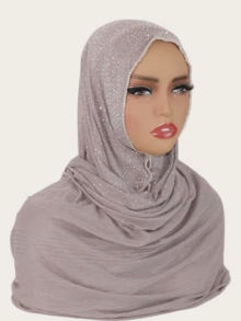 1pc Women's Striped Knit Elastic Fabric Diamond Crafted Viscose Maxi Scarf, Malaysian Hijab Fashion Headscarf - Chain-studded Long Scarf - View 5