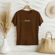 Women's Plus Size Printed T-Shirt Brazil Cup Brazilian Championship 100% Premium Cotton Summer Gym Workout Blouse Brazilian Shirt - 鏽棕色 - 查看 5