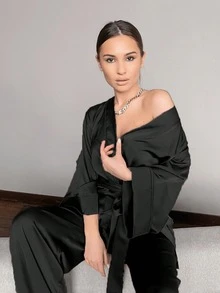 Spring And Autumn Satin Cardigan Tie-Waist Pajamas Set, Solid Color Home Wear, Slim Fit Women's Pajama Two-Piece Set - Black - View 3