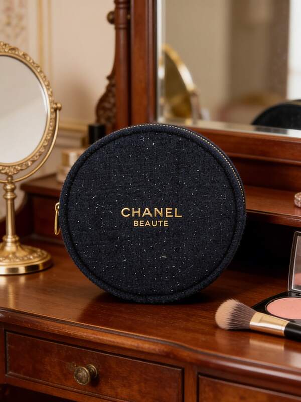CHANEL Navy Blue Recommended Double-Sided Felt Round Portable Cosmetic Bag, Makeup Storage Pouch