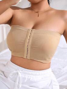 Plus Size Women's Strapless Bandeau Bra – Seamless Invisible Push-Up, Front-Closure Wireless Comfort, Back Mesh For Slimming & Support – 3-Row Hook, Ultra-Stretchy Off-Shoulder Solid Color Underwear - Khaki - View 7