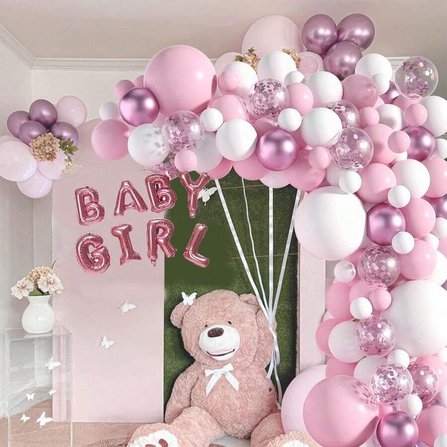 104个马卡龙粉色和白色乳胶气球套装，适用于生日和周年纪念派对，包含气球拱门和花环套装 - 彩色 - 查看 1