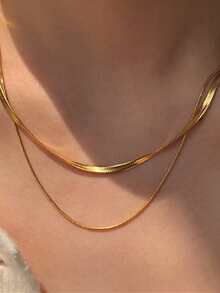 1件S925纯银双层蛇骨项链，时尚简约女士颈链 - 金色 - 查看 2