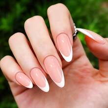 24pcs French Short Oval-Shaped False Nails And Designed White French Nail Tips False Nails With Lustrous Full-Coverage Nail Jelly Glue. Cute Artificial Nail Art For Women, Suitable For Daily Wear And Holiday Gatherings - 彩色 - 查看 4