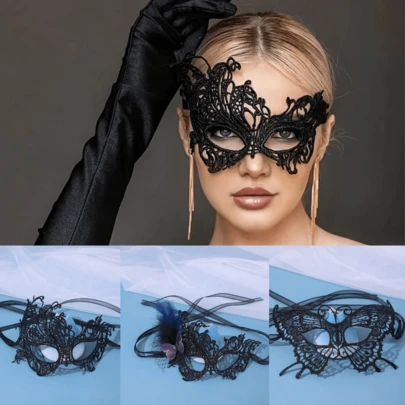 奢华蕾丝眼罩 - 柔软面料，舞会礼服设计，完美适用于舞会、派对、角色扮演、嘉年华、服装配饰 - 黑色，佩戴舒适，圣诞节