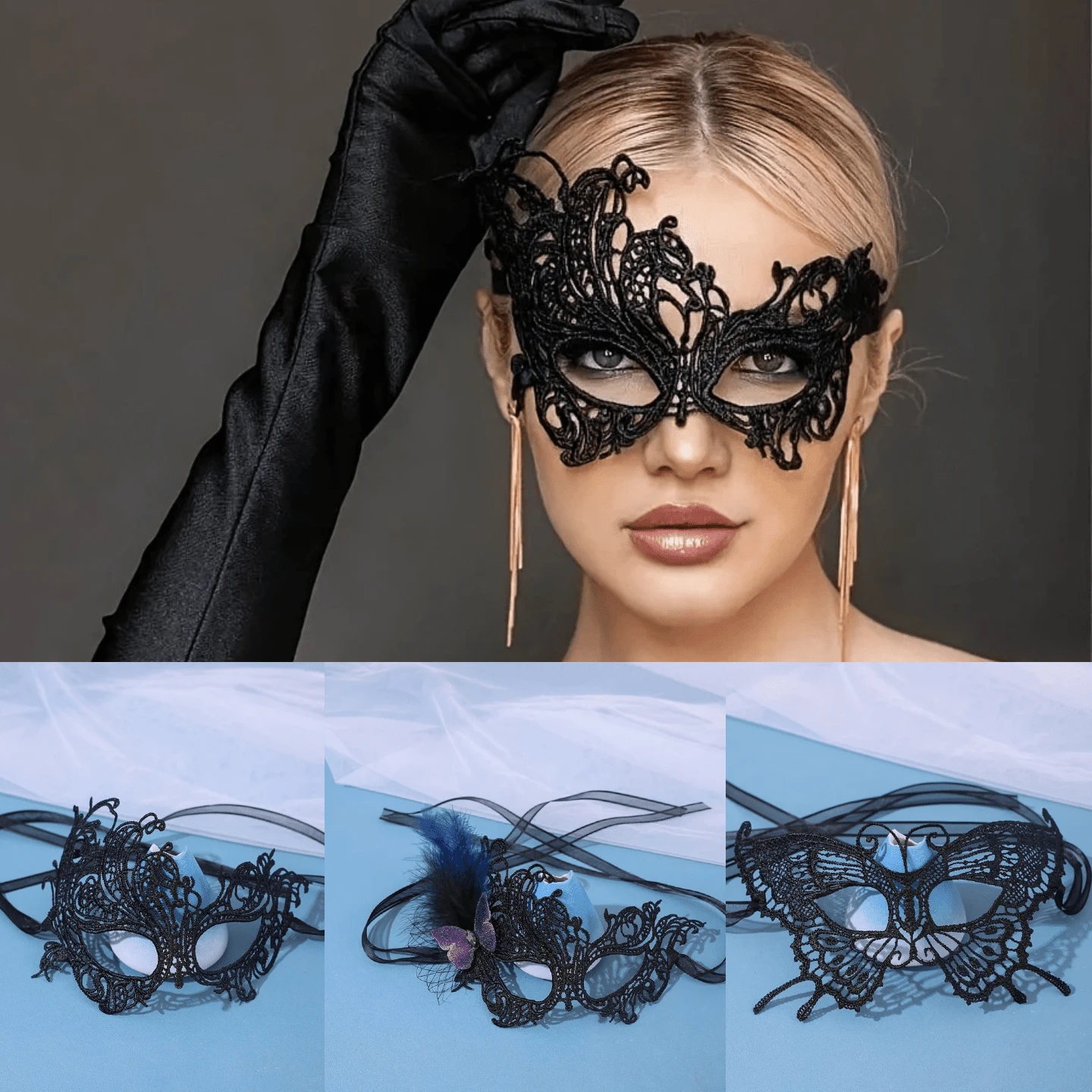 奢华蕾丝眼罩 - 柔软面料，舞会礼服设计，完美适用于舞会、派对、角色扮演、嘉年华、服装配饰 - 黑色，佩戴舒适，圣诞节 - 彩色 - 查看 1