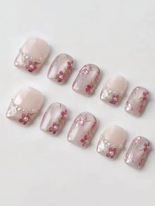 10片纯手工制作的方形美甲贴片，短款或中长款可选，粉白猫眼图案，带花朵装饰，可爱百搭，Y2K风格，温柔亲肤，适合女性和女孩，春夏秋冬皆宜，节日及日常佩戴。 - 粉色 - 查看 13