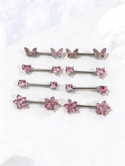 2pcs Sexy Pink Zirconia Heart, Butterfly, Flower Barbell Nipple Rings Stainless Steel Piercing Jewelry