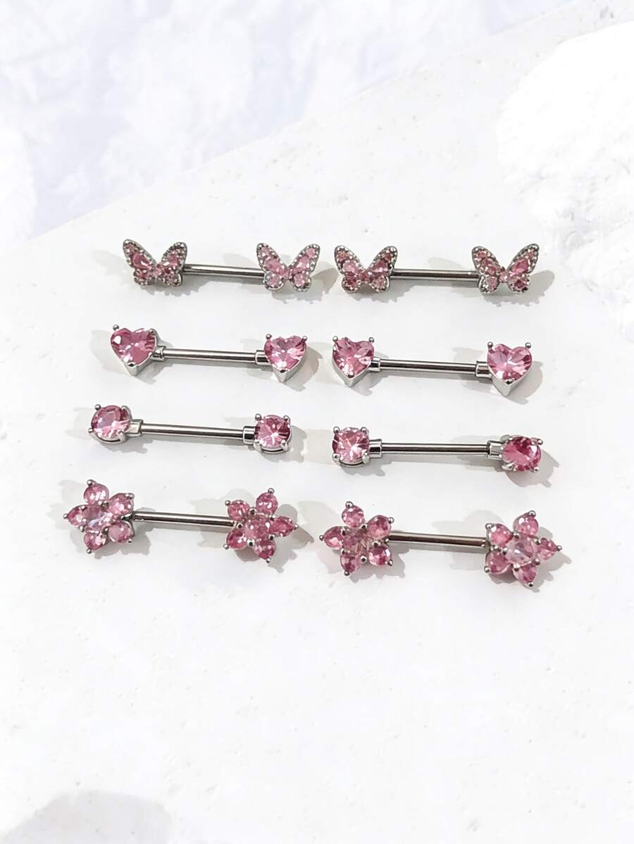 2pcs Sexy Pink Zirconia Heart, Butterfly, Flower Barbell Nipple Rings Stainless Steel Piercing Jewelry - Pink - View 1