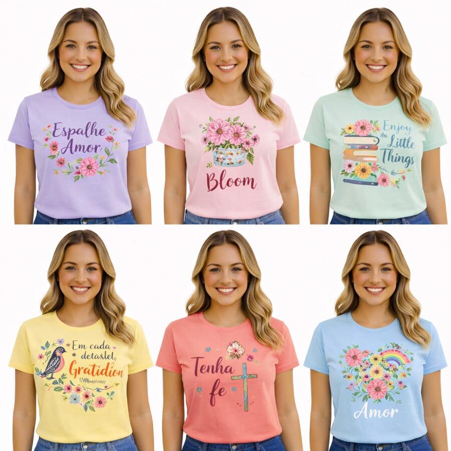 Kit 5 T-shirt Feminina Sortidas Básicas Casuais Malha Premium Sortidas - Multicolorido - Visão 1