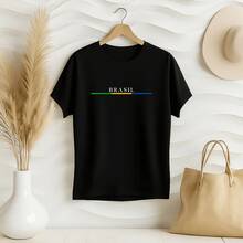 Women's Plus Size Printed T-Shirt Brazil Cup Brazilian Championship 100% Premium Cotton Summer Gym Workout Blouse Brazilian Shirt - 黑色 - 查看 2