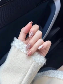 10片纯手工制作的方形美甲贴片，短款或中长款可选，粉白猫眼图案，带花朵装饰，可爱百搭，Y2K风格，温柔亲肤，适合女性和女孩，春夏秋冬皆宜，节日及日常佩戴。 - 粉色 - 查看 3