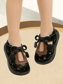 可爱水钻蝴蝶结露趾女童凉鞋，透气沙滩度假凉鞋 - 黑色 - 查看 5