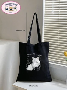 1 件黑色手提包，印有猫咪思考数学问题图案，女士帆布购物袋，适合户外使用，轻便，便携，适合少女、女大学生，非常适合返校、大学、初中、高中 - 黑色 - 查看 4