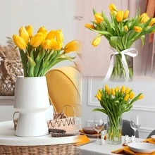 40 Stück künstlicher Tulpen Strauß, Faux Mehrfarbige PU Tulpen, realistische Faux Blumen Anordnung, Heimdekoration, Hochzeitsdekoration, verstellbare Stiele, lebendige Blütenblätter - Gelb - Übersicht 4