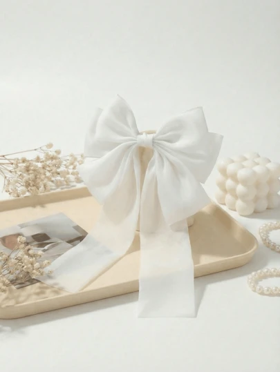 1pc Large White Organza Hair Bows For Women Girls, Oversized Big Hair Bow Clip With Long Tails, Elegant Sheer Tulle Ribbon Barrette, Coquette Balletcore Aesthetic Hair Accessories For Ramadan Valentine's Day Daily Wedding Party Wedding Bridal