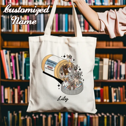 Personalized Cute Dog & Cat Pill Bottle Canvas Tote Bag, With Name & Birthday Gift, Suitable For Pet Lovers