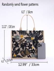 1 chiếc túi tote vải lanh phối lưới đính sequin nhiều màu sắc, thiết kế thêu hoa lá thời trang, túi đeo vai vuông dung tích lớn, túi mua sắm đi biển thường ngày (Họa tiết hoa được phân bố ngẫu nhiên) - màu đen - Xem 3