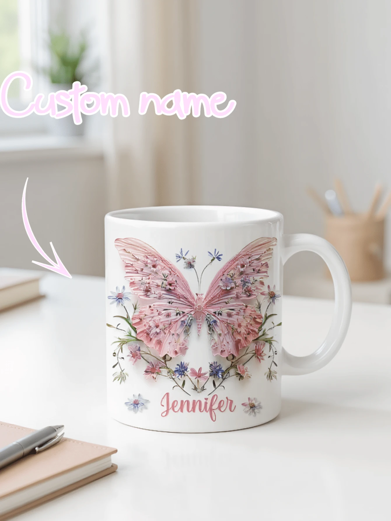 1pc Customized Name & Butterfly Pattern Mug, Personalized Name Coffee Cup, Customized Text Mug, Personalized Anniversary Memorial Cup, Housewarming Gift, Valentine's Day Gift, Anniversary Gift, Graduation Gift, Mother's Day Gift, Father's Day Gift, Ideal Dad/Mom Gift, Unique Wife/Husband Gift, Perfect Boyfriend/Girlfriend Gift, Personalized His/Her Gift, Warm Pet Lover/Owner Gift - Butterfly - View 1