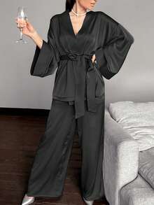 Spring And Autumn Satin Cardigan Tie-Waist Pajamas Set, Solid Color Home Wear, Slim Fit Women's Pajama Two-Piece Set - Black - View 1