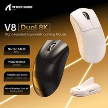 ATTACK SHARK Mouse Gamer Ultraleve Sem Fio ATTACKSHARK V8 com Polling de 8K, 42000 DPI, Chip MCU Nordic 54L15, Sensor PixArt 3950 Max - Com Fio/BT/2.4Ghz, Bateria de Longa Duração de 400 Horas, Programável para Jogos de FPS no PC - Fita Branca/Preta - Multicolorido - Ver 2
