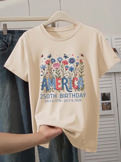 女士新款圆领短袖加大码夏季休闲独立日爱国印花T恤，甜美温柔气质，修身舒适，适合日常休闲穿着，卡其色印花T恤，夏季女装