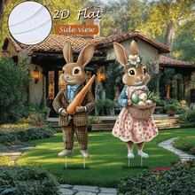 2 Peças Conjunto de Decoração de Jardim Coelho Plano, Inclui Suporte, Coelho Vintage, Cenoura, Ovos, Placas de Decoração de Jardim, Adequado para Festa de Páscoa, Decoração de Jardim ao Ar Livre e Arranjo de Primavera - Multicolorido - Visão 3