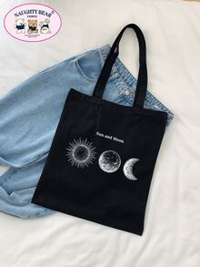 Bolso tote minimalista con patrón geométrico de lona compras - Negro - Ver 3