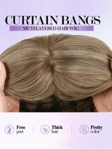 层次感假发，带刘海，耐热纤维合成发，齐肩长度，中分卷发，混色水波纹假发，适合女性日常、派对或角色扮演使用。