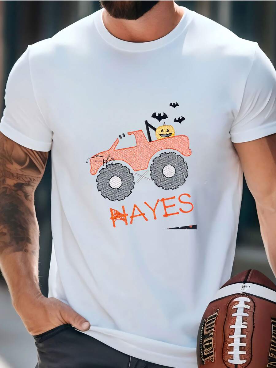 Mens Spooky Ghost Monster Truck - Boy Halloween Shirt - Monster Jam Fan - Orange Black - Personalized Fall Holiday Shirt T-Shirt - White - View 1