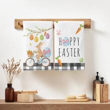 2 piezas Toallas de cocina con diseño de conejo de Pascua montado en bicicleta y patrón de huevo, de material de poliéster suave, adecuadas para decoración de cocina, limpieza, decoración de fiesta festiva, artículos esenciales de cocina y baño, decoración del hogar, regalo de inauguración de casa - Multicolor - Ver 2