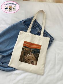 卡通貓樣式單肩托特包休閒雙把手 - 米色 - 查看 9