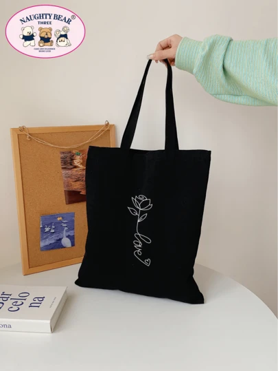 Floral & Letter Graphic Shopper Bag School Bag For Graduate, Teen Girls, Freshman, Sophomore, Junior & Senior In College, University & High School, Perfect For Outdoors ,Travel & Back To School