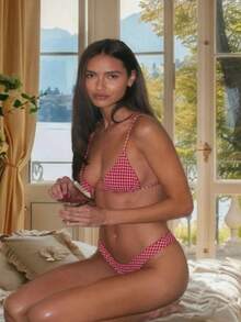 Women's Two-Piece Swimsuit Set - Vacation Beach Swimsuit Halter Bikini - 紅色 - 查看 3