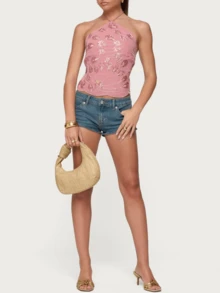 Women's Y2k Beaded Sequin Halter Tank Tops Sleeveless Back Tie Up Slim Fitted Backless Crop Vest Going Out Streetwear Party Concert Tops Clubwear - 粉色 - 查看 7
