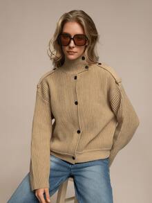 Áo len cardigan cổ cao giản dị thời trang mới dành cho nữ - Màu xanh Ô liu - Xem 3