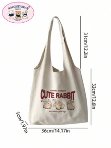 1pc Beige Canvas Tote Bag For Women With Cute Rabbit & English Letter Print, Great For Shopping - Beige - View 5