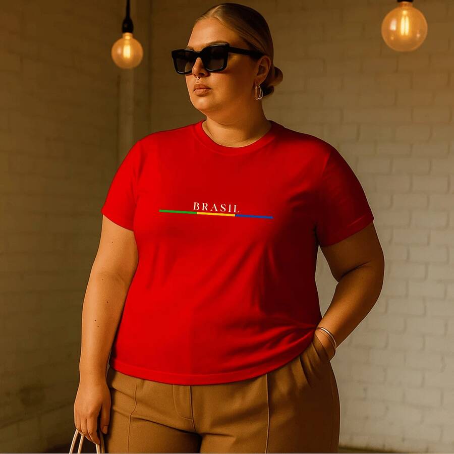 Women's Plus Size Printed T-Shirt Brazil Cup Brazilian Championship 100% Premium Cotton Summer Gym Workout Blouse Brazilian Shirt - 紅色 - 查看 1