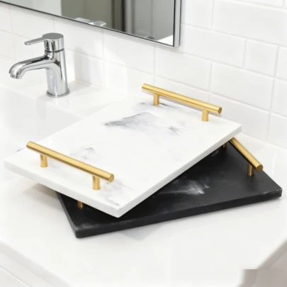 1pc Faux Marble Texture Vanity Tray With Gold Handle, Decorative & Practical For Storing Jewelry, Cosmetics, Bathroom & Kitchen Supplies, Suitable For Bathroom, Kitchen, Living Room, Coffee Table, Dining Table